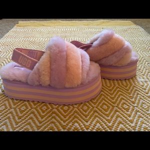 Fuzzy pink Ugg platform slippers, new, no box